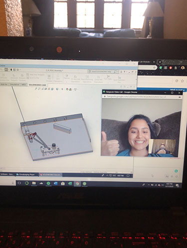 Kyra Kothawala of ME350 Team 42 working on Remote Lab Module 2 with Jared Dirksen via Google Hangouts.