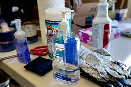Hand sanitizer and other cleaning products in the lab of Jessy Grizzle, the Director of the Robotics Institute, on North Campus of the University of Michigan in Ann Arbor, MI on May 26, 2020. Photo: Joseph Xu/Michigan Engineering