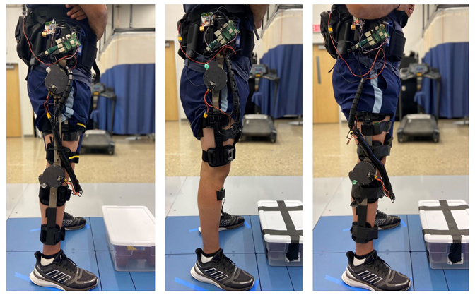 Preliminary knee and hip designs for a new powered exoskeleton system. It attaches motors to off-the-shelf orthotic braces to provide better mobility to the wearer. Photo: Locomotor Control Systems Laboratory, University of Michigan