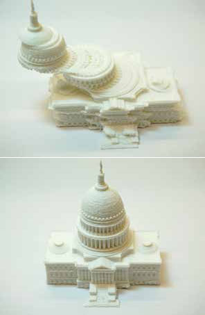 Scale models of US Capitol printed without vibration compensation (Top) and with vibration compensation (Bottom), leading to significant reductions in print time without sacrificing print quality.