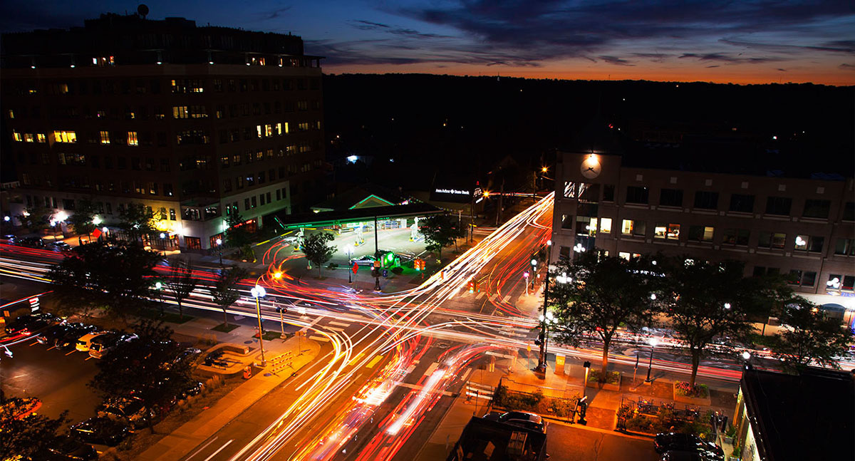 A timelapse of traffic at night in Ann Arbor. Credit: Marcin Szczepanski