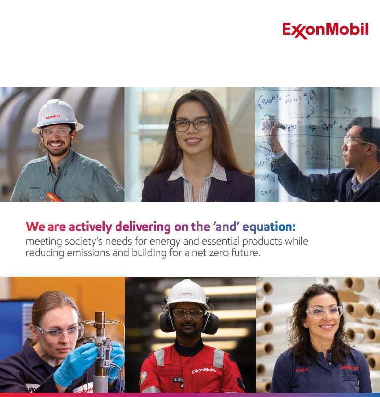 Exxon Mobil virtual information sessions graphic including photos of Exxon employees and a statement about meeting society's needs for energy and essential products while reducing emissions for a net-zero future.