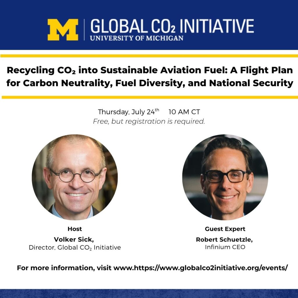 Informational graphic for upcoming webinar titled "Recycling Co2 into Sustainable Aviation Fuel: A Flight Plan for Carbon Neutrality, Fuel Diversity, and National Security."