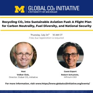 Promotional graphic for upcoming event on Recycling Co2 into sustainable aviation fuel. Images of Volker Sick and Robert Schuetzle. Event information: Thursday, July 24th at 10am CT/11am ET.