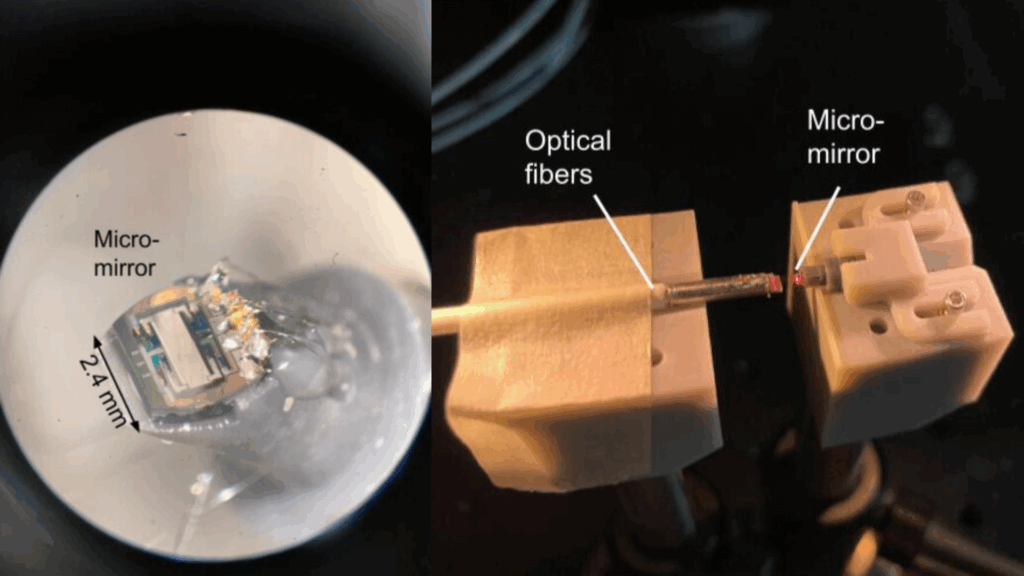 Two images of micro-mirror technologies. One shows a single thin-film piezoelectric micro-mirror assembled at the tip of a microendoscope. The other image shows the assembly of a microendoscope based on a scanning micro-mirror.
