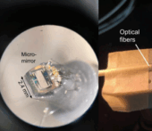 Two images of micro-mirror technologies. One shows a single thin-film piezoelectric micro-mirror assembled at the tip of a microendoscope. The other image shows the assembly of a microendoscope based on a scanning micro-mirror.