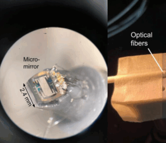 Two images of micro-mirror technologies. One shows a single thin-film piezoelectric micro-mirror assembled at the tip of a microendoscope. The other image shows the assembly of a microendoscope based on a scanning micro-mirror.