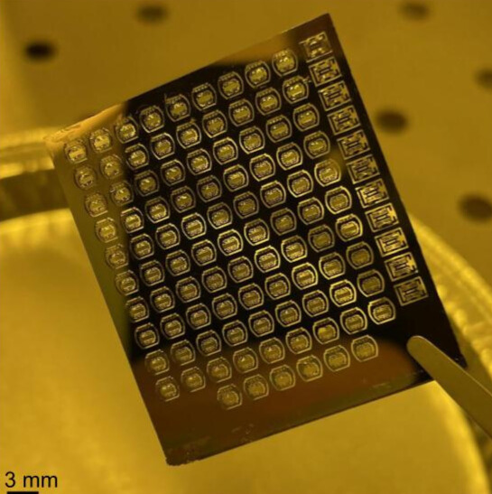 A portion of a silicon wafer containing micro-mirrors for medical endoscopy, fabricated in the Lurie Nanofabrication Laboratory